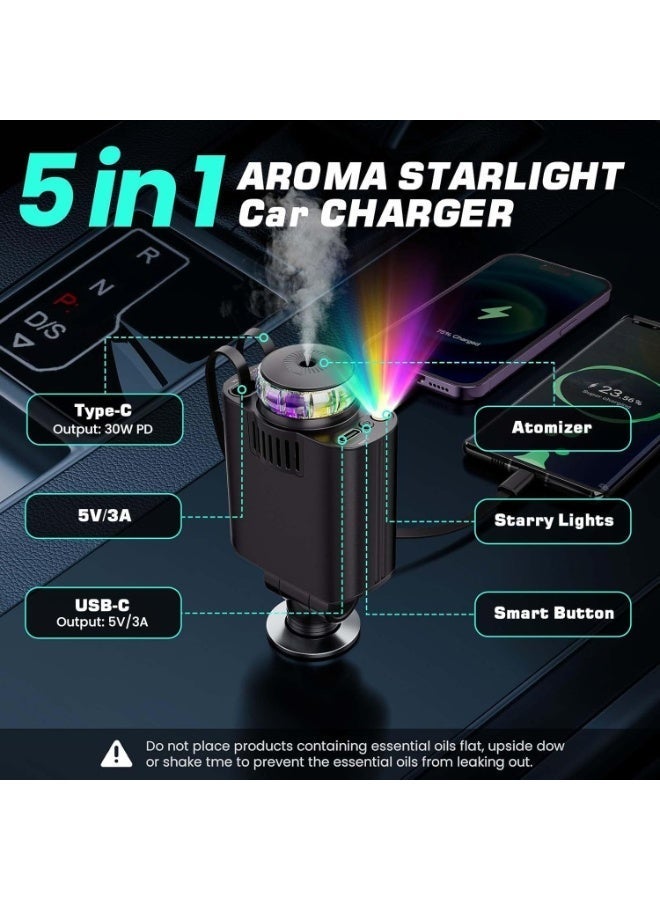 شاحن سيارة 5 في 1 مع ضوء النجوم ومعطر جو - محول USB-C متعدد المنافذ قابل للسحب للشحن السريع، شاحن سيارة عالمي لأجهزة iPhone وAndroid - Image 2